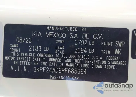 2023 Kia Forte Lxs из США, поврежденный, VIN 3KPF24AD9PE685694